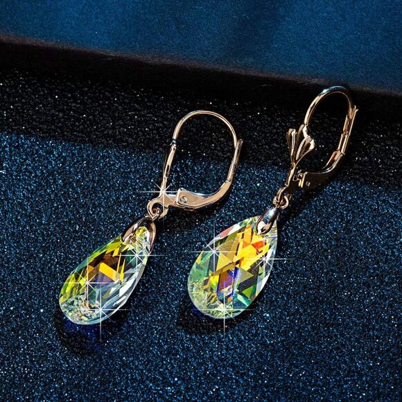 Austrian Crystal Teardrop Leverback Dangle Earrings for Women Fashion 14K Gold P - Picture 5 of 7